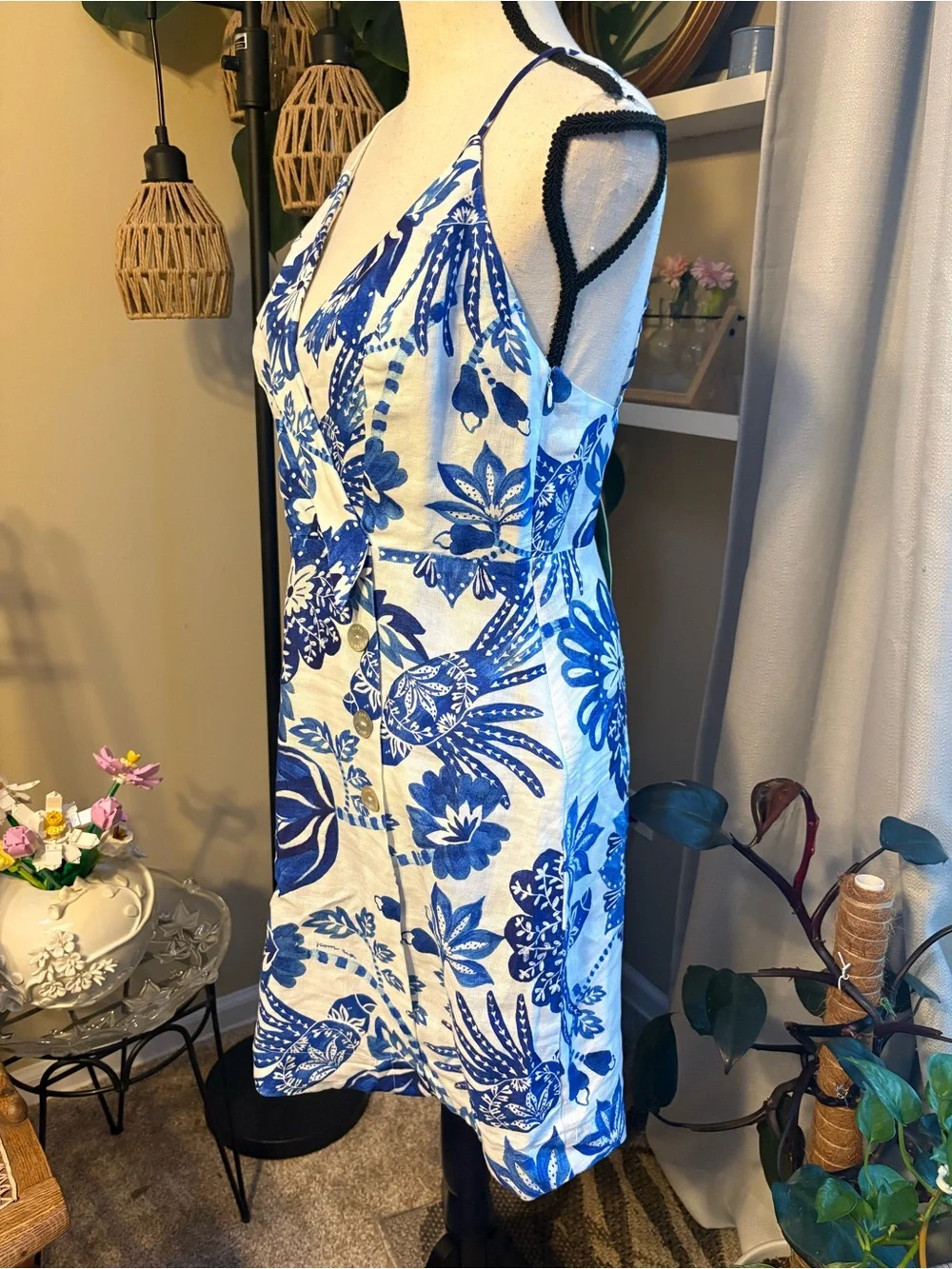 FARM Rio Blue and White Floral European Flax Linen Dress - Picture 5 of 10